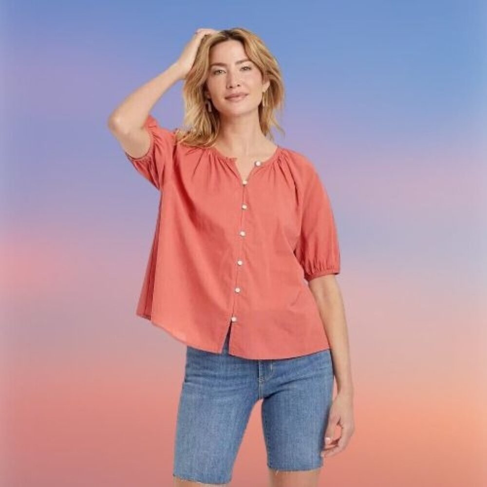 Universal Thread Short Puff Sleeves Button Front Blouse Top Rust Size XS NWT